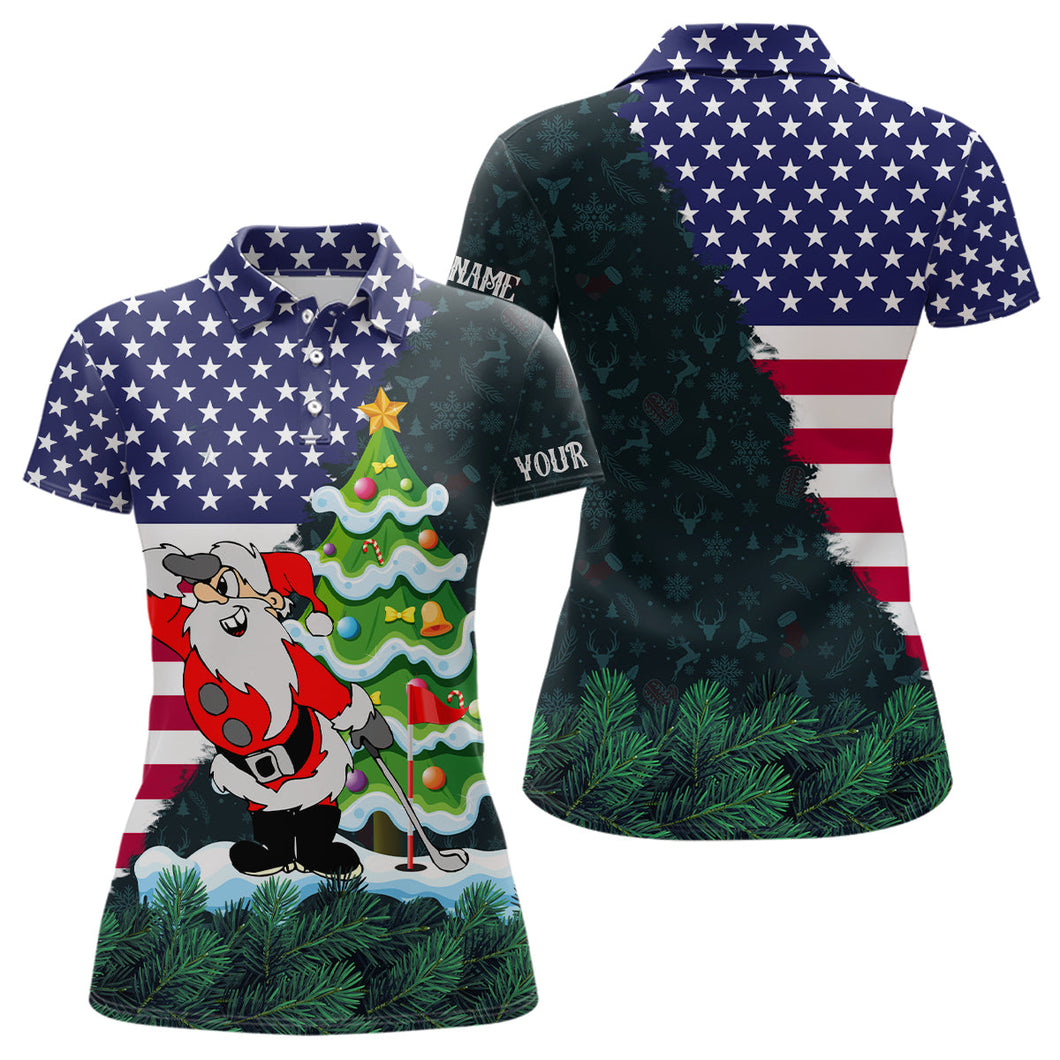 American flag Christmas Santa golf pattern custom Womens golf polo shirts, christmas golf apparel NQS8115
