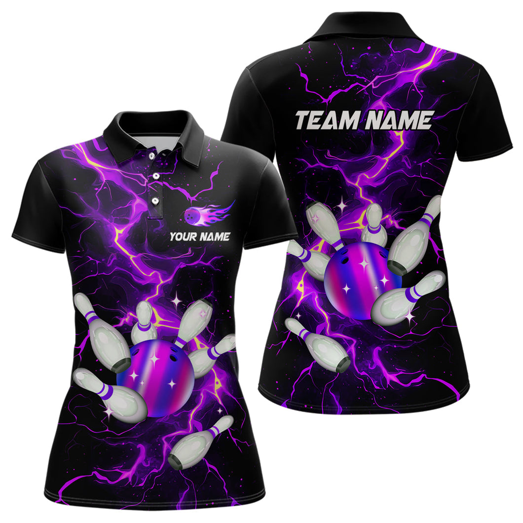 Black and Purple Lightning Bowling Shirts For Women Custom Bowling Team Uniform Bowlers Outfits NQS9597