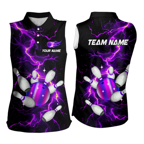 Black and Purple Lightning Bowling Sleeveless Polo shirt Custom Bowling Team Uniform Bowlers Outfits NQS9597