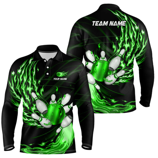 Mens polo bowling shirts Custom Green flame Bowling ball and pins Team league bowler Jersey NQS7370