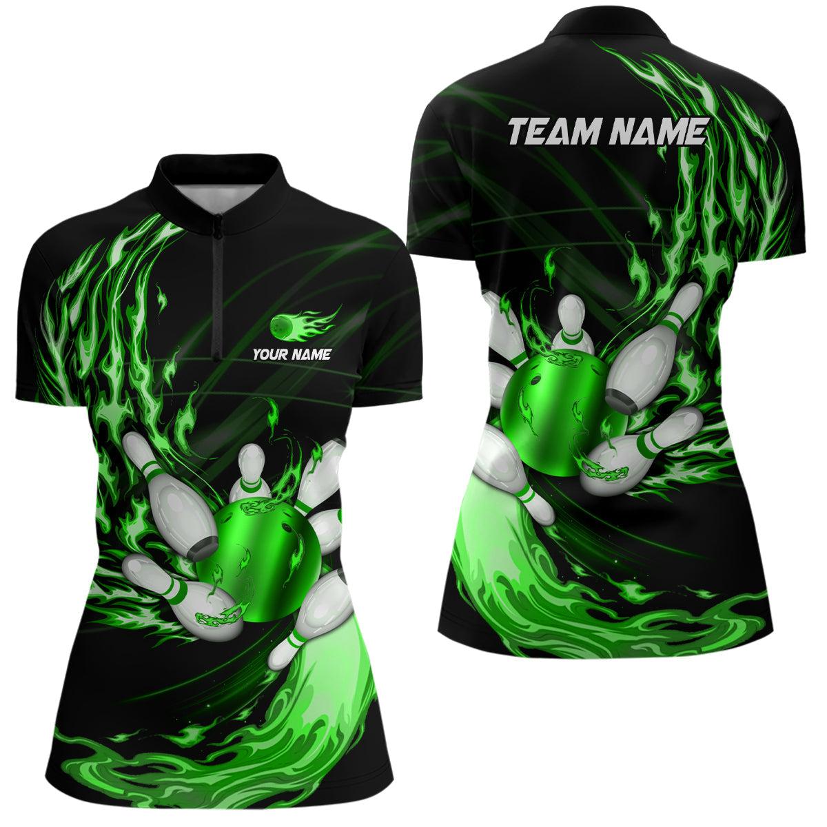 Womens bowling Quarter Zip shirts Custom green flame Bowling ball and pins Team league bowler Jersey NQS7370