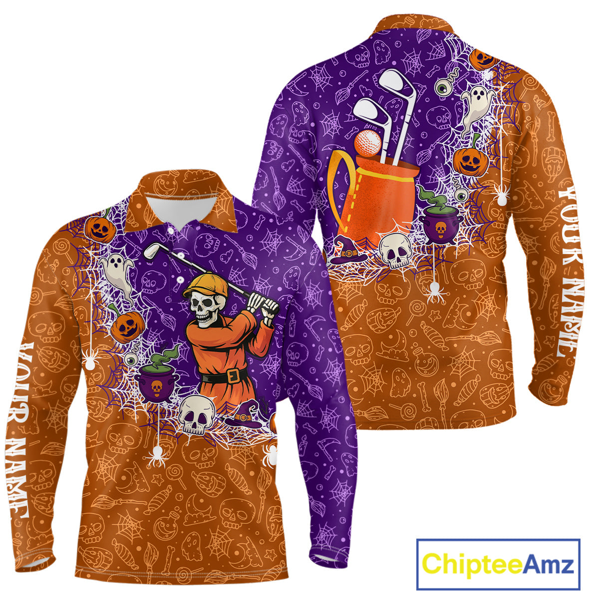 Halloween Skull Playing Golf Mens Golf Polo Shirt Custom Halloween golf outfit For Men Golf Gifts NQS10340