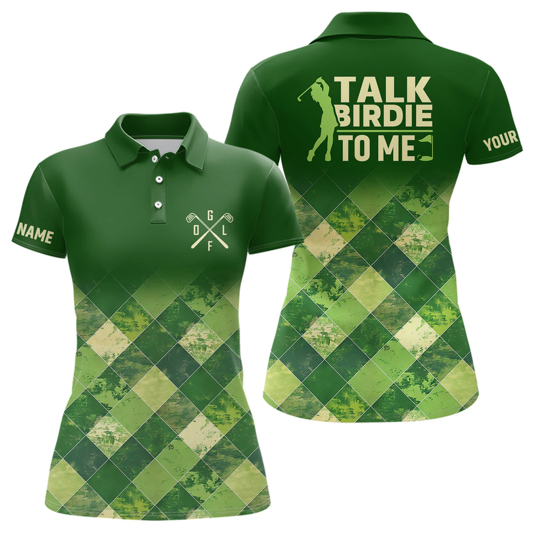 Funny Womens golf polo shirt custom green argyle pattern golf shirts for ladies talk birdie to me NQS7374