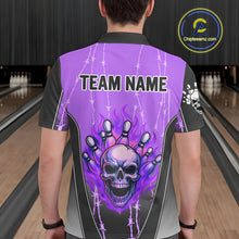 Load image into Gallery viewer, Black and purple flame skull Bowling Polo, 1/4 Zip Shirt for men Custom Team Bowling League Jersey NQS10204