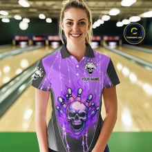 Load image into Gallery viewer, Black and purple flame skull Bowling Polo, 1/4 Zip Shirt for Women Custom Team Bowling League Jersey NQS10204