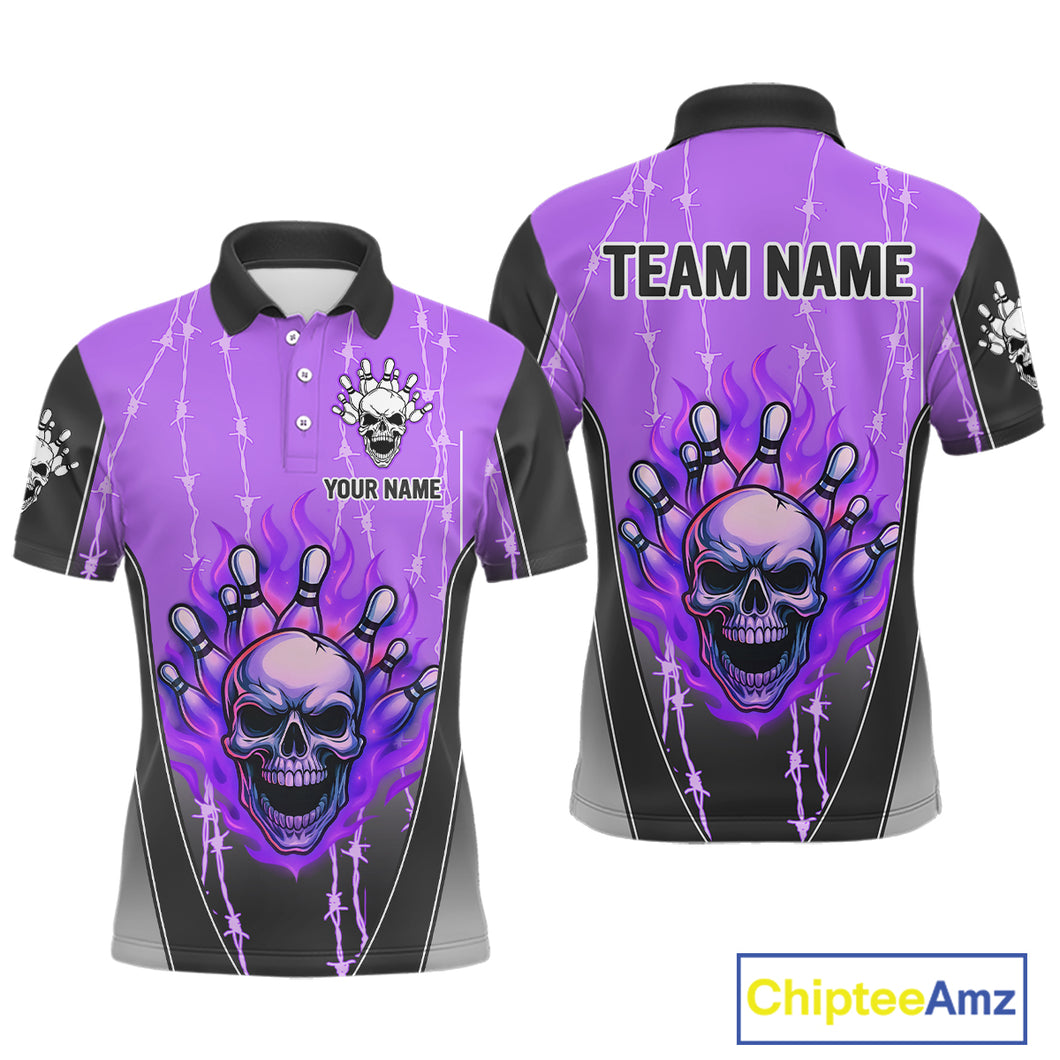 Black and purple flame skull Bowling Polo, 1/4 Zip Shirt for men Custom Team Bowling League Jersey NQS10204