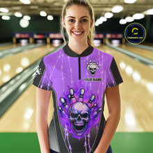 Load image into Gallery viewer, Black and purple flame skull Bowling Polo, 1/4 Zip Shirt for Women Custom Team Bowling League Jersey NQS10204