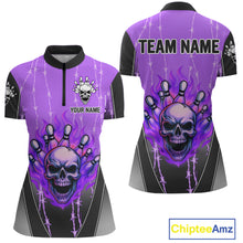 Load image into Gallery viewer, Black and purple flame skull Bowling Polo, 1/4 Zip Shirt for Women Custom Team Bowling League Jersey NQS10204
