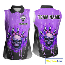 Load image into Gallery viewer, Black and purple flame skull Women Bowling sleeveless polo Shirt Custom Team Bowling League Jersey NQS10204