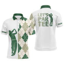 Load image into Gallery viewer, Green and white golf shirt argyle pattern golf clubs custom name Mens golf polo shirt Let&#39;s par tee NQS6040