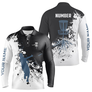 Black and white Mens disc golf polo shirt custom name and number disc golf jerseys, golf outfit men NQS6051