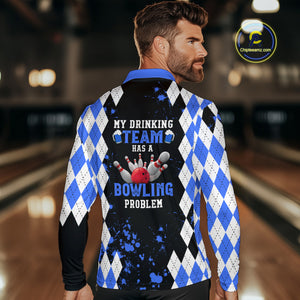 Blue argyle pattern Retro Bowling Shirts For Men Custom My drinking team has a bowling problem NQS9824