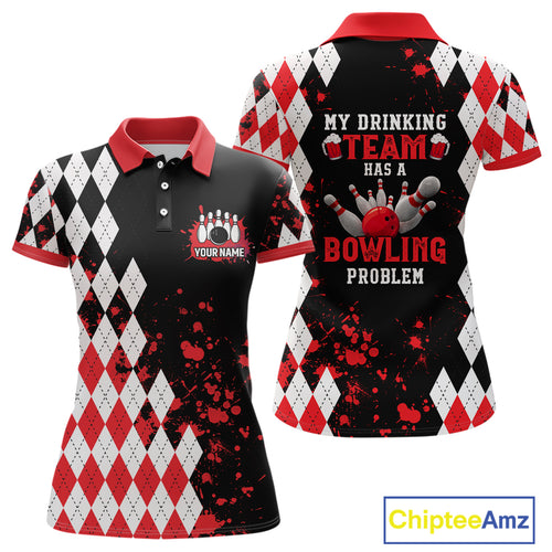 Red argyle pattern Retro Bowling Shirts For Women Custom My drinking team has a bowling problem NQS9825