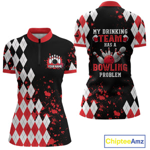 Red argyle pattern Retro Bowling Shirts For Women Custom My drinking team has a bowling problem NQS9825