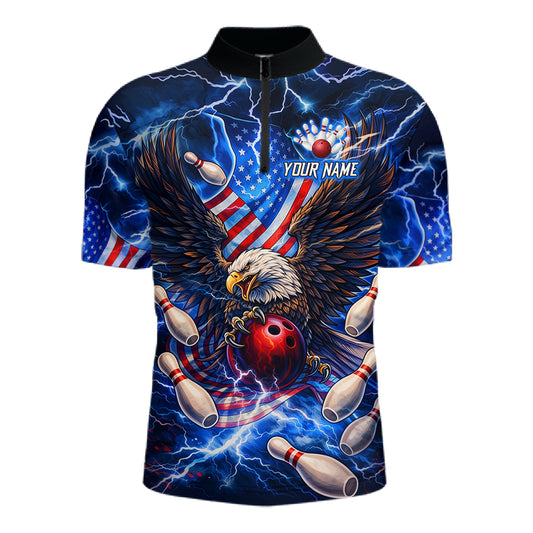 US Flag Eagle Bowling Shirts for Men Custom Blue Lightning Thunder Patriotic Team Bowling Jerseys NQS11581