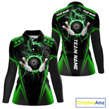 Load image into Gallery viewer, Black Women bowling Polo, 1/4 Zip shirt Custom lightning thunder team league bowling jersey | Green NQS10374