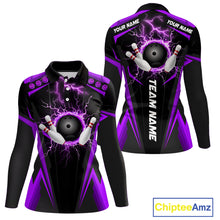 Load image into Gallery viewer, Black Women bowling Polo, 1/4 Zip shirt Custom lightning thunder team league bowling jersey | Purple NQS10375
