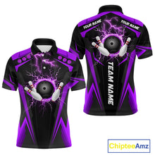 Load image into Gallery viewer, Black Men bowling Polo, 1/4 Zip shirt Custom lightning thunder team league bowling jersey | Purple NQS10375