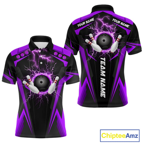 Black Men bowling Polo, 1/4 Zip shirt Custom lightning thunder team league bowling jersey | Purple NQS10375