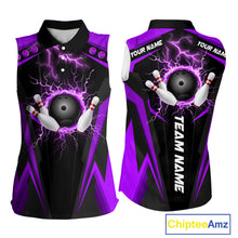 Load image into Gallery viewer, Black Women bowling Sleeveless Polo shirt Custom lightning thunder team league bowling jersey| Purple NQS10375