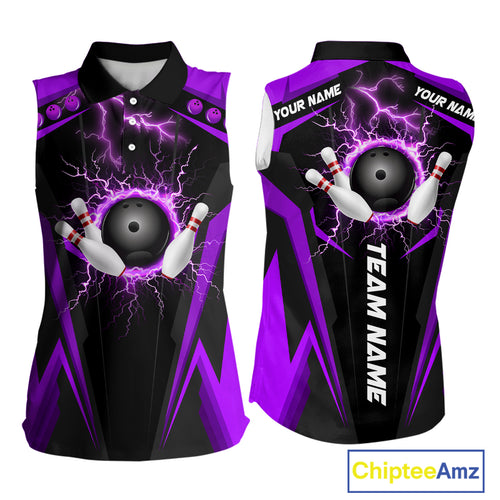 Black Women bowling Sleeveless Polo shirt Custom lightning thunder team league bowling jersey| Purple NQS10375
