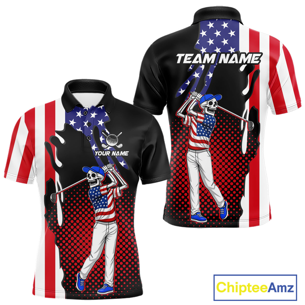 Personalized US flag golf shirts skull funny mens golf shirts custom patriotic golf outfit men NQS11384