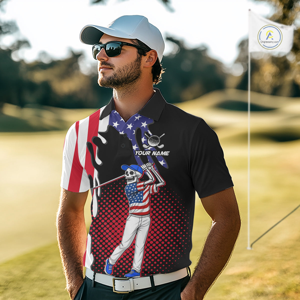 Personalized US flag golf shirts skull funny mens golf shirts custom patriotic golf outfit men NQS11384