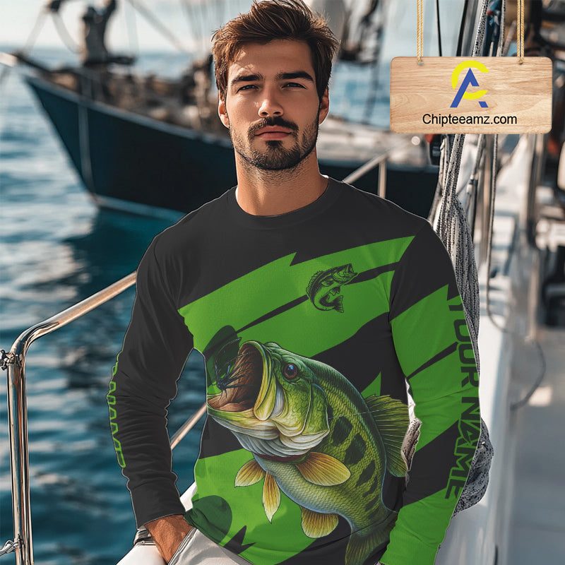 Black and Green Largemouth Bass fishing UV Protection shirts custom name Bass fishing jerseys NQS10394