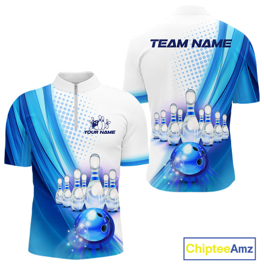 Custom Blue and White Bowling Mens Polo, Quarter Zip Shirts, Bowlers Outfit NQS10607