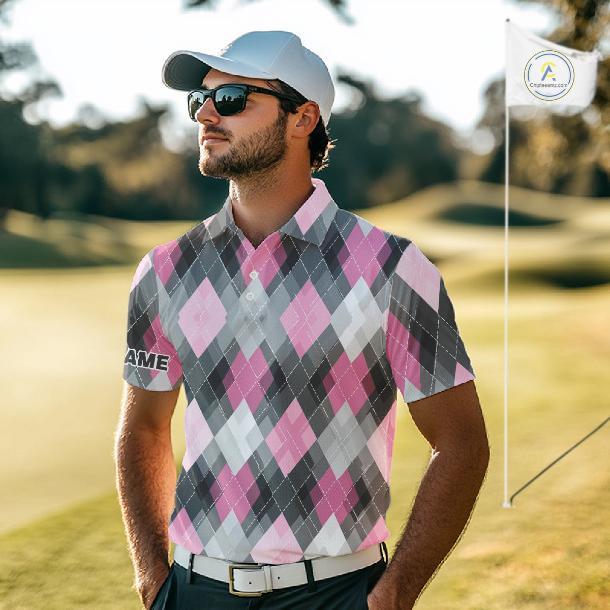 Pink argyle pattern Mens golf polo shirt custom best team golf shirts, golfing gifts NQS10407