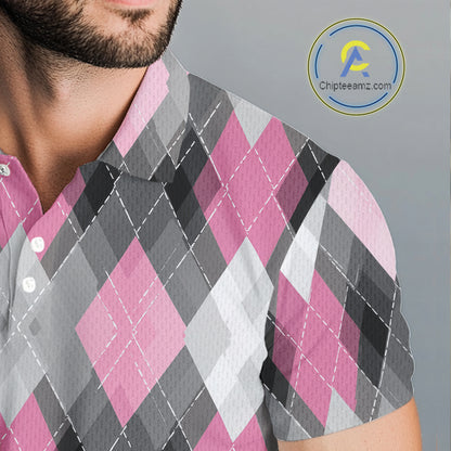 Pink argyle pattern Mens golf polo shirt custom best team golf shirts, golfing gifts NQS10407