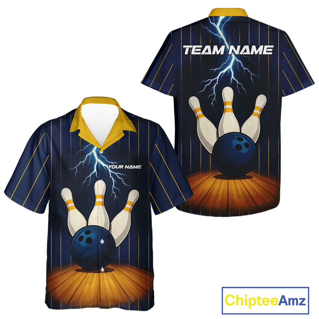 Custom Yellow and Blue Lightning Thunder Bowling Hawaiian Shirt, Team Bowling Outfits NQS10620