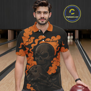 Custom Black and Orange Skull Team Bowling Polo, 1/4 Zip Shirts For Men, Halloween Bowling Outfits NQS10621