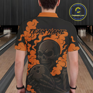 Custom Black and Orange Skull Team Bowling Polo, 1/4 Zip Shirts For Men, Halloween Bowling Outfits NQS10621