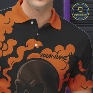 Custom Black and Orange Skull Team Bowling Polo, 1/4 Zip Shirts For Men, Halloween Bowling Outfits NQS10621