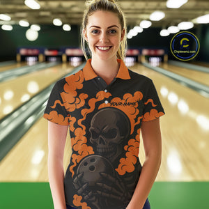 Custom Black and Orange Skull Team Bowling Polo, 1/4 Zip Shirts For Women, Halloween Bowling Outfits NQS10621