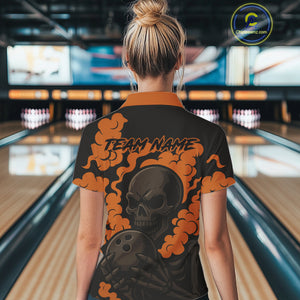 Custom Black and Orange Skull Team Bowling Polo, 1/4 Zip Shirts For Women, Halloween Bowling Outfits NQS10621
