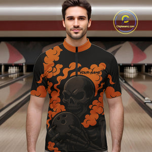 Custom Black and Orange Skull Team Bowling Polo, 1/4 Zip Shirts For Men, Halloween Bowling Outfits NQS10621