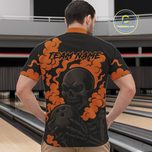 Custom Black and Orange Skull Team Bowling Polo, 1/4 Zip Shirts For Men, Halloween Bowling Outfits NQS10621