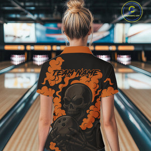 Custom Black and Orange Skull Team Bowling Polo, 1/4 Zip Shirts For Women, Halloween Bowling Outfits NQS10621