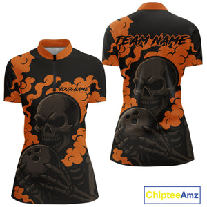 Custom Black and Orange Skull Team Bowling Polo, 1/4 Zip Shirts For Women, Halloween Bowling Outfits NQS10621