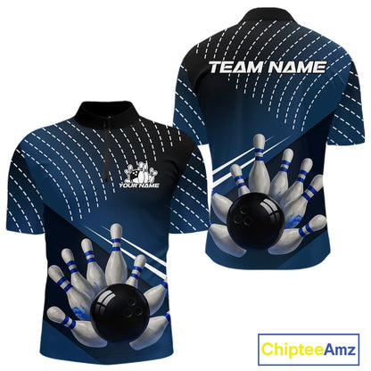 Black and Blue Bowling Polo, Quarter Zip shirts For Men Custom Bowling tournament Team Jerseys NQS10625
