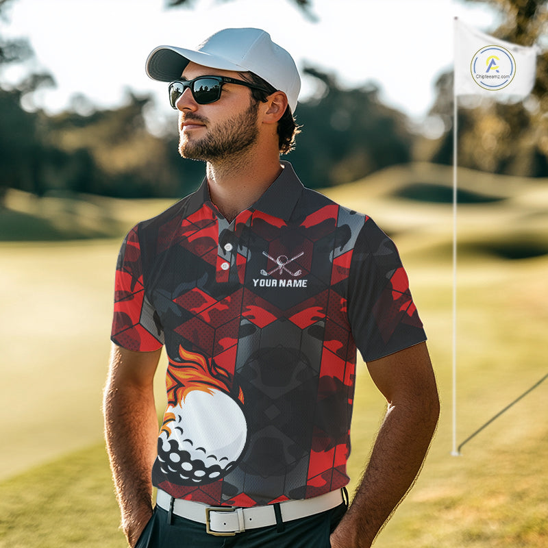 Black and Red Camo Flame Golf Ball Custom Men golf polo shirt, personalized golf top for men NQS10100