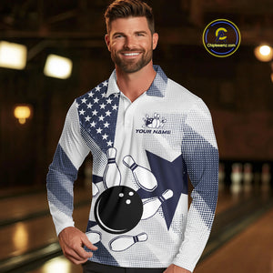 White and Blue American Flag Bowling shirts for Men Custom patriotic retro Bowling Team Jersey NQS10248