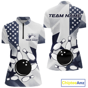 White and Blue American Flag Bowling shirts for Women Custom patriotic retro Bowling Team Jersey NQS10248