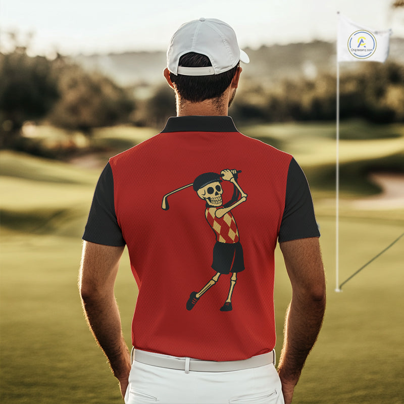 Red and Black argyle pattern Skull Golf Polo Shirts for men Custom mens golf outfit, funny golf gifts NQS10250