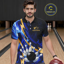 Load image into Gallery viewer, Personalized Bowling Polo, Quarter Zip Shirts for Men Custom Blue Flame and Gold Bowling Team Jersey NQS10446