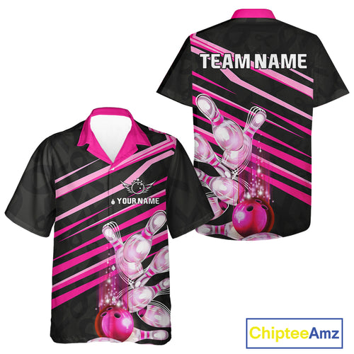Pink & Black ribbon pattern Bowling Hawaiian Shirt Custom breast cancer awareness Team Bowling shirt NQS10116