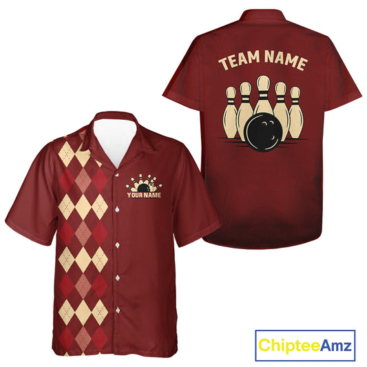 Red argyle pattern Bowling hawaiian shirt custom vintage bowling shirt, gift for bowlers NQS10255