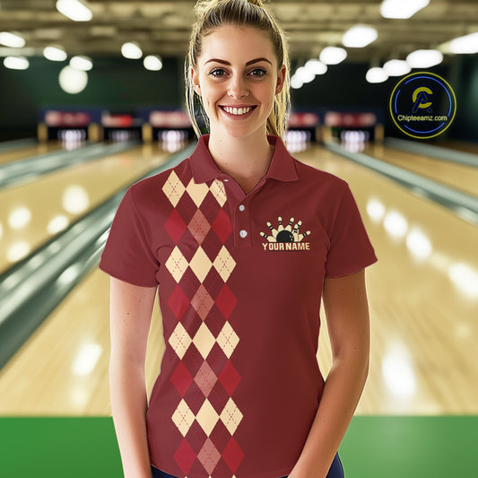 Red argyle pattern Women Bowling polo, 1/4 zip shirt custom vintage bowling shirt, gift for bowlers NQS10255